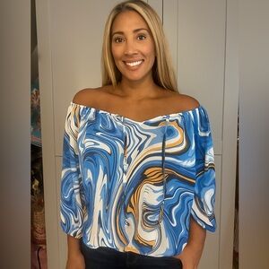 Blue and Yellow Swirl Off-Shoulder Women's Top
